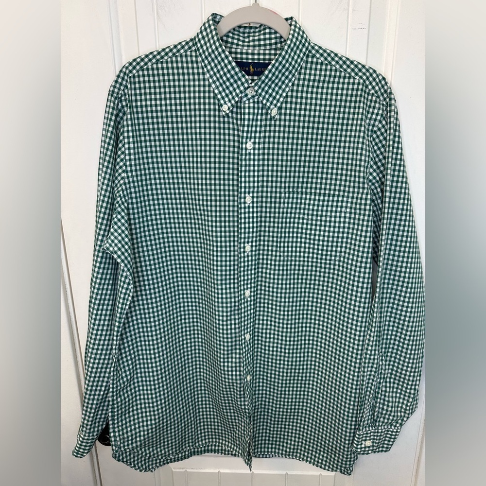Men's Ralph Lauren Green & White Gingham Button Down Shirt Size L